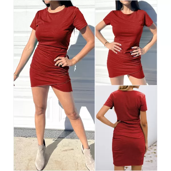 BTFBM Womens 2024 Summer Casual Beach Dresses Crew Neck Short Sleeve Wrap Party Club Mini Ruched Bodycon T Shirt DressRed