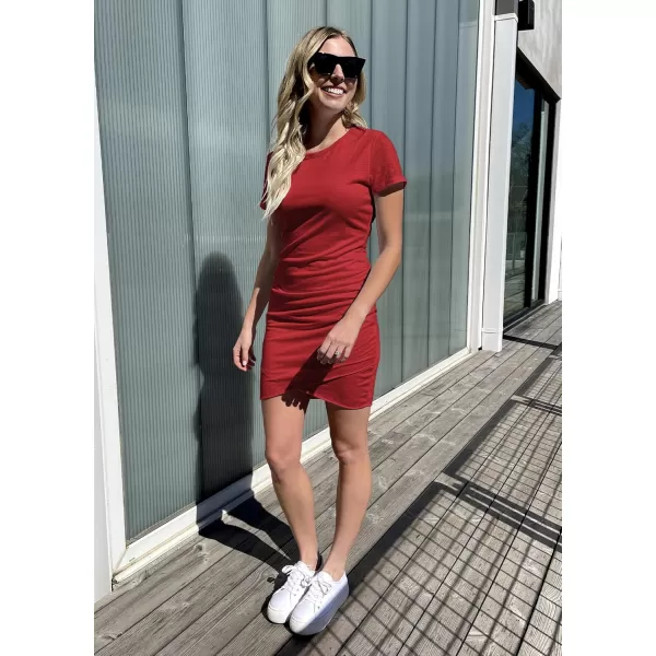 BTFBM Womens 2024 Summer Casual Beach Dresses Crew Neck Short Sleeve Wrap Party Club Mini Ruched Bodycon T Shirt DressRed