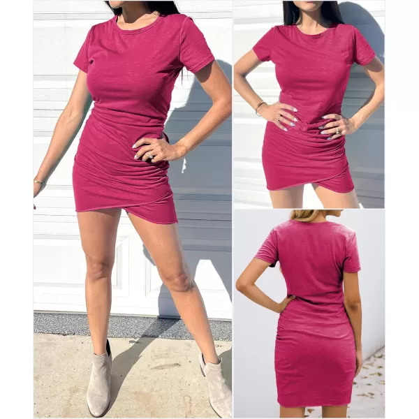BTFBM Womens 2024 Summer Casual Beach Dresses Crew Neck Short Sleeve Wrap Party Club Mini Ruched Bodycon T Shirt DressRose Red