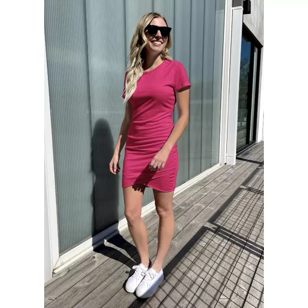 BTFBM Womens 2024 Summer Casual Beach Dresses Crew Neck Short Sleeve Wrap Party Club Mini Ruched Bodycon T Shirt DressRose Red