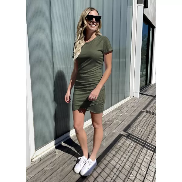 BTFBM Womens 2024 Summer Casual Beach Dresses Crew Neck Short Sleeve Wrap Party Club Mini Ruched Bodycon T Shirt DressSolid Army Green