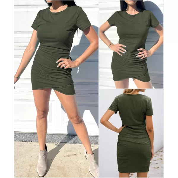 BTFBM Womens 2024 Summer Casual Beach Dresses Crew Neck Short Sleeve Wrap Party Club Mini Ruched Bodycon T Shirt DressSolid Army Green