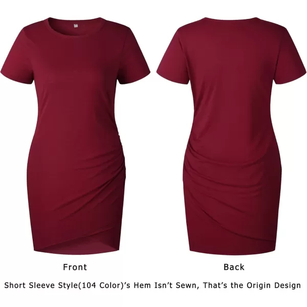 BTFBM Womens 2024 Summer Casual Beach Dresses Crew Neck Short Sleeve Wrap Party Club Mini Ruched Bodycon T Shirt DressWine Red