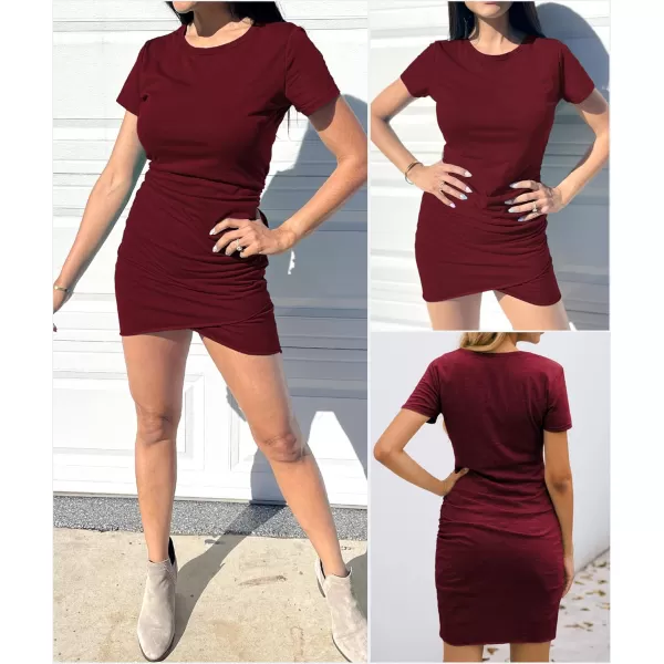 BTFBM Womens 2024 Summer Casual Beach Dresses Crew Neck Short Sleeve Wrap Party Club Mini Ruched Bodycon T Shirt DressWine Red