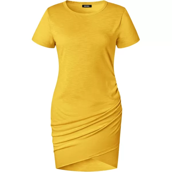 BTFBM Womens 2024 Summer Casual Beach Dresses Crew Neck Short Sleeve Wrap Party Club Mini Ruched Bodycon T Shirt DressYellow