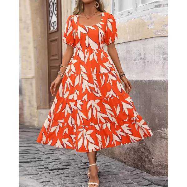 BTFBM Womens Boho Summer Dresses Short Sleeve Floral Print Smocked Tie Back Tiered ALine Flowy Cruise Vacation DressFloral Beige Orange