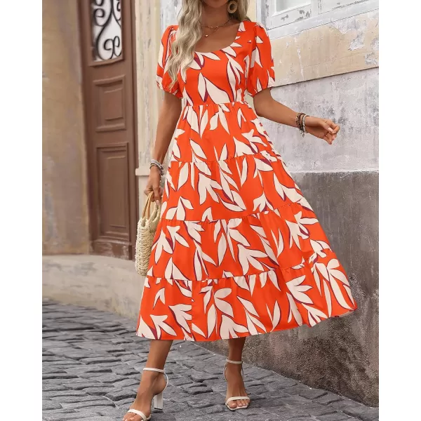 BTFBM Womens Boho Summer Dresses Short Sleeve Floral Print Smocked Tie Back Tiered ALine Flowy Cruise Vacation DressFloral Beige Orange