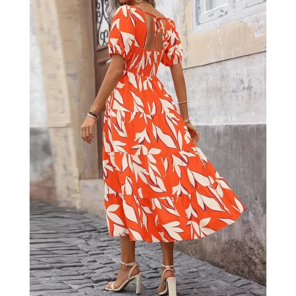 BTFBM Womens Boho Summer Dresses Short Sleeve Floral Print Smocked Tie Back Tiered ALine Flowy Cruise Vacation DressFloral Beige Orange