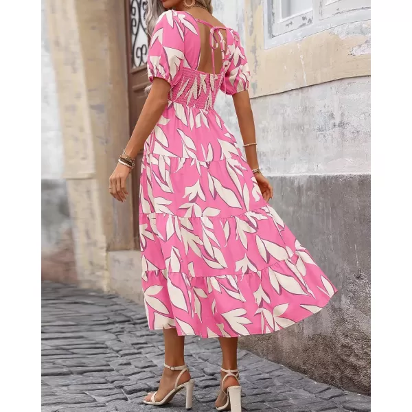 BTFBM Womens Boho Summer Dresses Short Sleeve Floral Print Smocked Tie Back Tiered ALine Flowy Cruise Vacation DressFloral Beige Pink