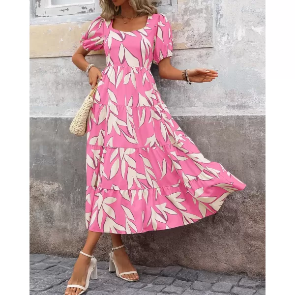 BTFBM Womens Boho Summer Dresses Short Sleeve Floral Print Smocked Tie Back Tiered ALine Flowy Cruise Vacation DressFloral Beige Pink