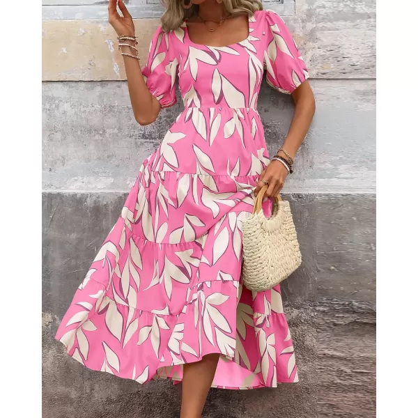 BTFBM Womens Boho Summer Dresses Short Sleeve Floral Print Smocked Tie Back Tiered ALine Flowy Cruise Vacation DressFloral Beige Pink