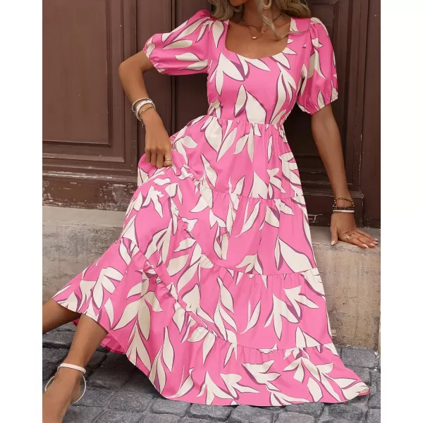 BTFBM Womens Boho Summer Dresses Short Sleeve Floral Print Smocked Tie Back Tiered ALine Flowy Cruise Vacation DressFloral Beige Pink