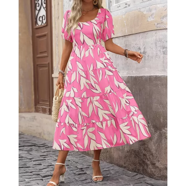 BTFBM Womens Boho Summer Dresses Short Sleeve Floral Print Smocked Tie Back Tiered ALine Flowy Cruise Vacation DressFloral Beige Pink