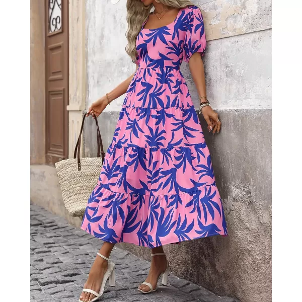 BTFBM Womens Boho Summer Dresses Short Sleeve Floral Print Smocked Tie Back Tiered ALine Flowy Cruise Vacation DressFloral Blue Pink