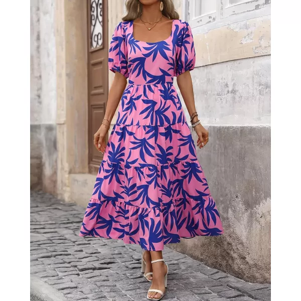 BTFBM Womens Boho Summer Dresses Short Sleeve Floral Print Smocked Tie Back Tiered ALine Flowy Cruise Vacation DressFloral Blue Pink