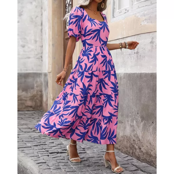 BTFBM Womens Boho Summer Dresses Short Sleeve Floral Print Smocked Tie Back Tiered ALine Flowy Cruise Vacation DressFloral Blue Pink