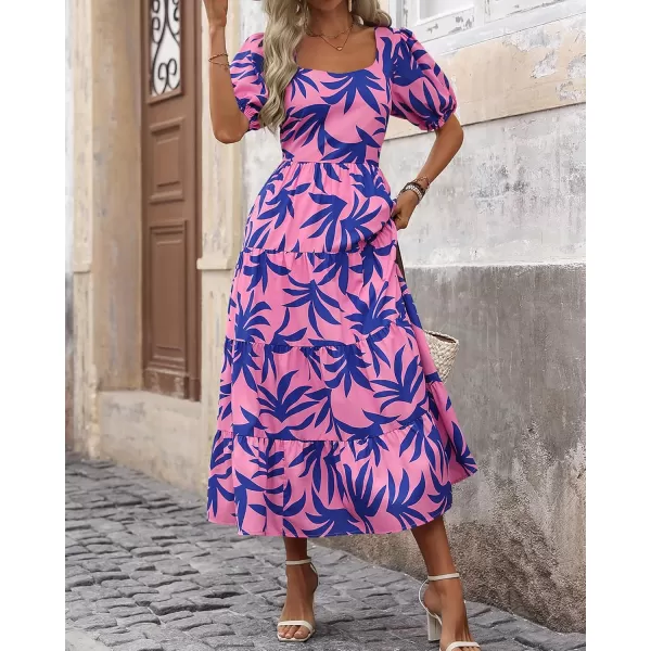 BTFBM Womens Boho Summer Dresses Short Sleeve Floral Print Smocked Tie Back Tiered ALine Flowy Cruise Vacation DressFloral Blue Pink