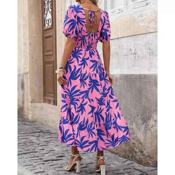 BTFBM Womens Boho Summer Dresses Short Sleeve Floral Print Smocked Tie Back Tiered ALine Flowy Cruise Vacation DressFloral Blue Pink