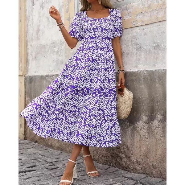 BTFBM Womens Boho Summer Dresses Short Sleeve Floral Print Smocked Tie Back Tiered ALine Flowy Cruise Vacation DressFloral White Purple