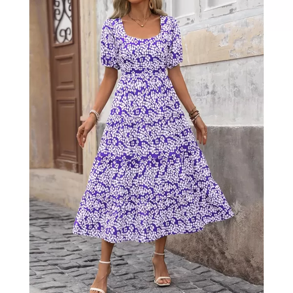BTFBM Womens Boho Summer Dresses Short Sleeve Floral Print Smocked Tie Back Tiered ALine Flowy Cruise Vacation DressFloral White Purple