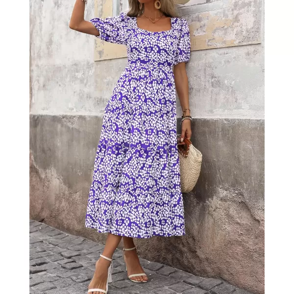 BTFBM Womens Boho Summer Dresses Short Sleeve Floral Print Smocked Tie Back Tiered ALine Flowy Cruise Vacation DressFloral White Purple