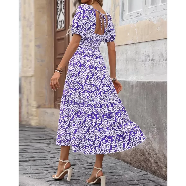 BTFBM Womens Boho Summer Dresses Short Sleeve Floral Print Smocked Tie Back Tiered ALine Flowy Cruise Vacation DressFloral White Purple