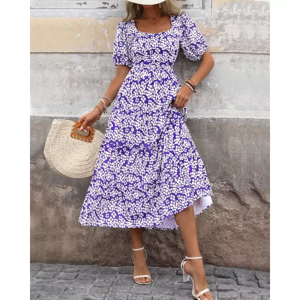 BTFBM Womens Boho Summer Dresses Short Sleeve Floral Print Smocked Tie Back Tiered ALine Flowy Cruise Vacation DressFloral White Purple