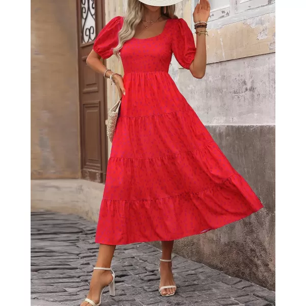 BTFBM Womens Boho Summer Dresses Short Sleeve Floral Print Smocked Tie Back Tiered ALine Flowy Cruise Vacation DressLeopard Red