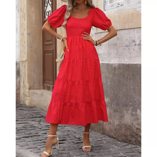BTFBM Womens Boho Summer Dresses Short Sleeve Floral Print Smocked Tie Back Tiered ALine Flowy Cruise Vacation DressLeopard Red