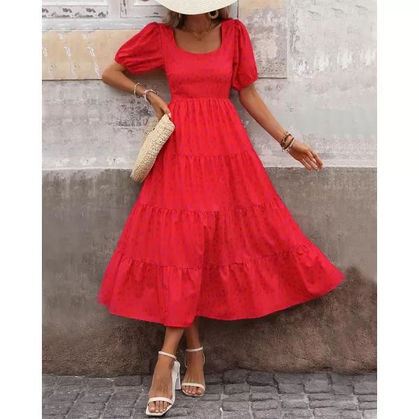 BTFBM Womens Boho Summer Dresses Short Sleeve Floral Print Smocked Tie Back Tiered ALine Flowy Cruise Vacation DressLeopard Red
