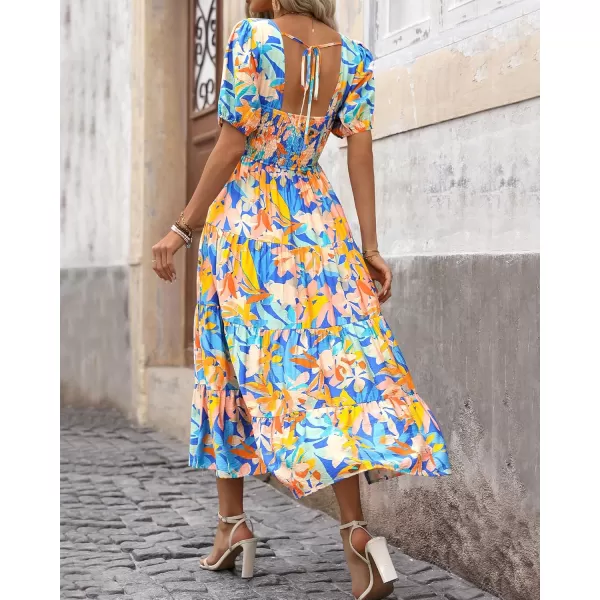 BTFBM Womens Boho Summer Dresses Short Sleeve Floral Print Smocked Tie Back Tiered ALine Flowy Cruise Vacation DressMulticolored Blue