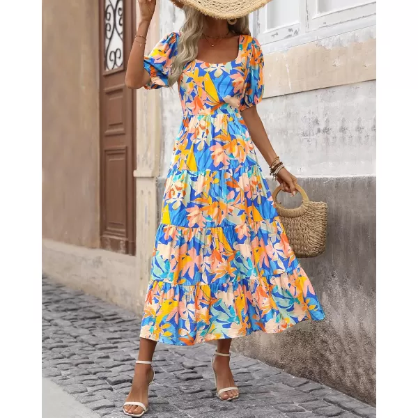 BTFBM Womens Boho Summer Dresses Short Sleeve Floral Print Smocked Tie Back Tiered ALine Flowy Cruise Vacation DressMulticolored Blue