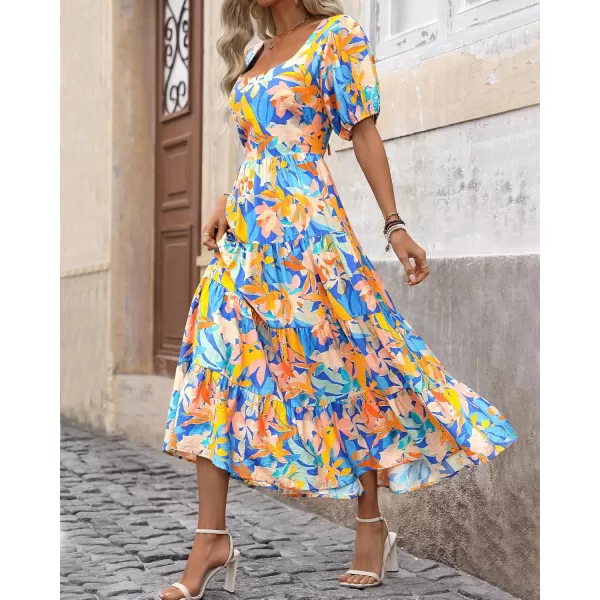 BTFBM Womens Boho Summer Dresses Short Sleeve Floral Print Smocked Tie Back Tiered ALine Flowy Cruise Vacation DressMulticolored Blue