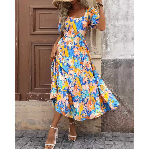 BTFBM Womens Boho Summer Dresses Short Sleeve Floral Print Smocked Tie Back Tiered ALine Flowy Cruise Vacation DressMulticolored Blue