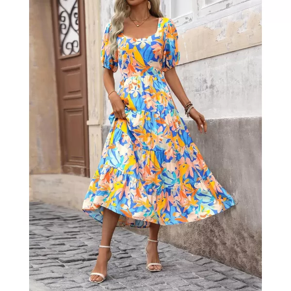 BTFBM Womens Boho Summer Dresses Short Sleeve Floral Print Smocked Tie Back Tiered ALine Flowy Cruise Vacation DressMulticolored Blue