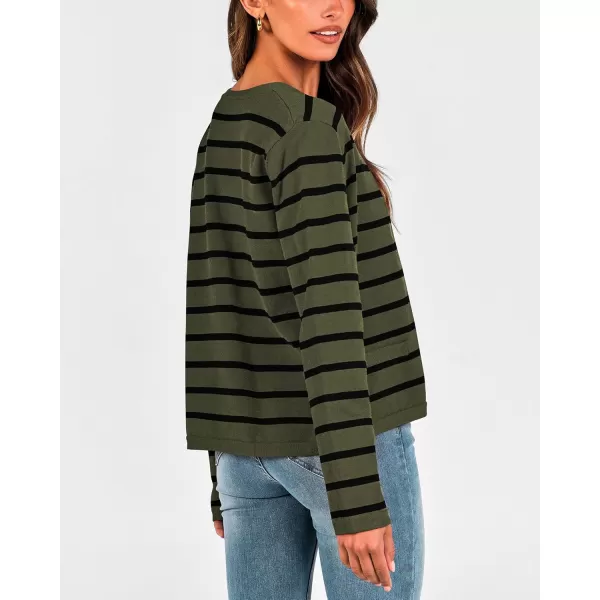BTFBM Womens Cardigans Sweater 2024 Fall Striped Long Sleeve Button Down Crop Open Front Knit Outerwear Deco PocketsStriped Army Green Black