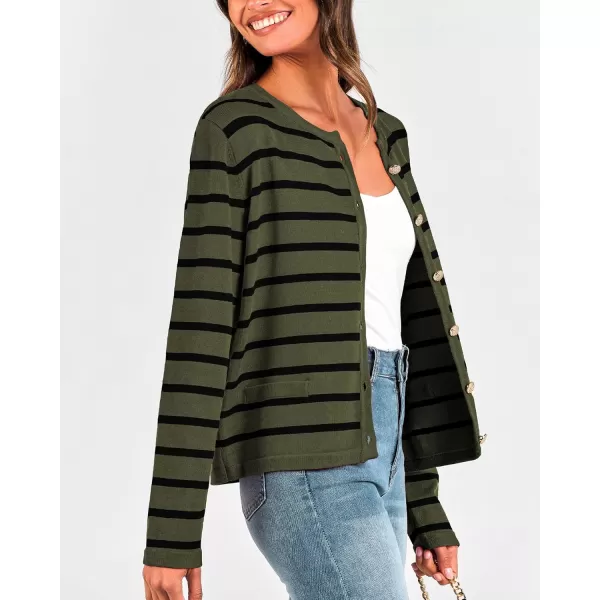 BTFBM Womens Cardigans Sweater 2024 Fall Striped Long Sleeve Button Down Crop Open Front Knit Outerwear Deco PocketsStriped Army Green Black