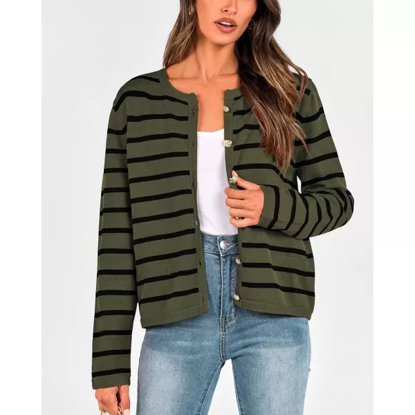 BTFBM Womens Cardigans Sweater 2024 Fall Striped Long Sleeve Button Down Crop Open Front Knit Outerwear Deco PocketsStriped Army Green Black