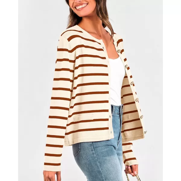BTFBM Womens Cardigans Sweater 2024 Fall Striped Long Sleeve Button Down Crop Open Front Knit Outerwear Deco PocketsStriped Beige Caramel