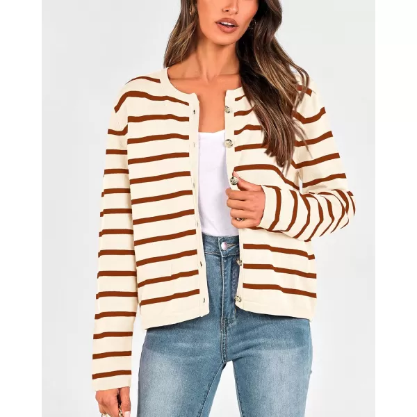 BTFBM Womens Cardigans Sweater 2024 Fall Striped Long Sleeve Button Down Crop Open Front Knit Outerwear Deco PocketsStriped Beige Caramel