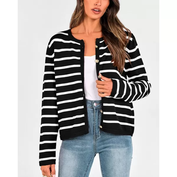 BTFBM Womens Cardigans Sweater 2024 Fall Striped Long Sleeve Button Down Crop Open Front Knit Outerwear Deco PocketsStriped Black White