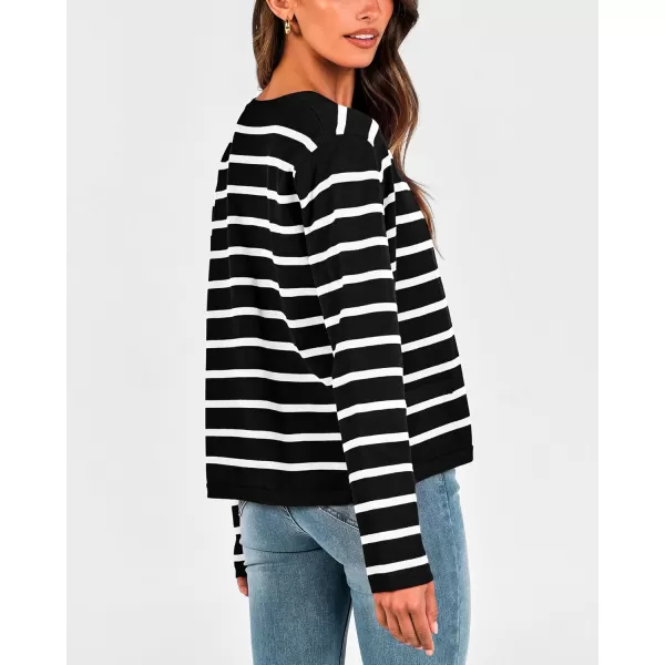 BTFBM Womens Cardigans Sweater 2024 Fall Striped Long Sleeve Button Down Crop Open Front Knit Outerwear Deco PocketsStriped Black White