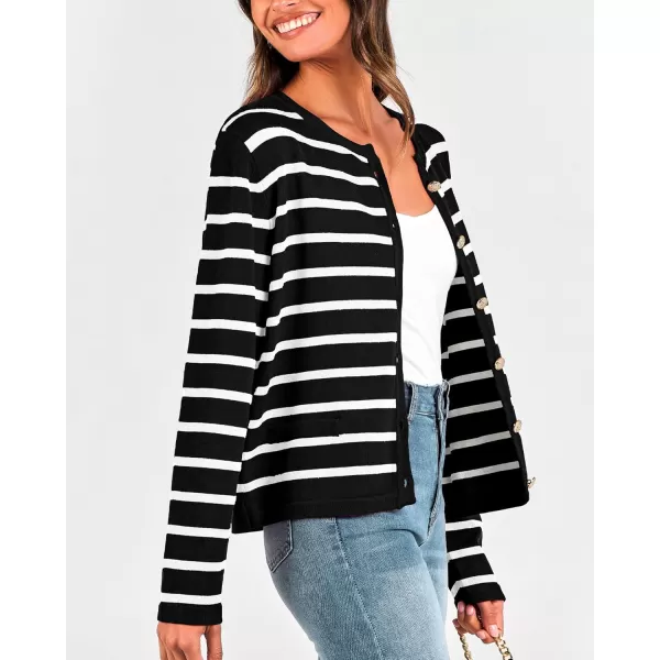 BTFBM Womens Cardigans Sweater 2024 Fall Striped Long Sleeve Button Down Crop Open Front Knit Outerwear Deco PocketsStriped Black White