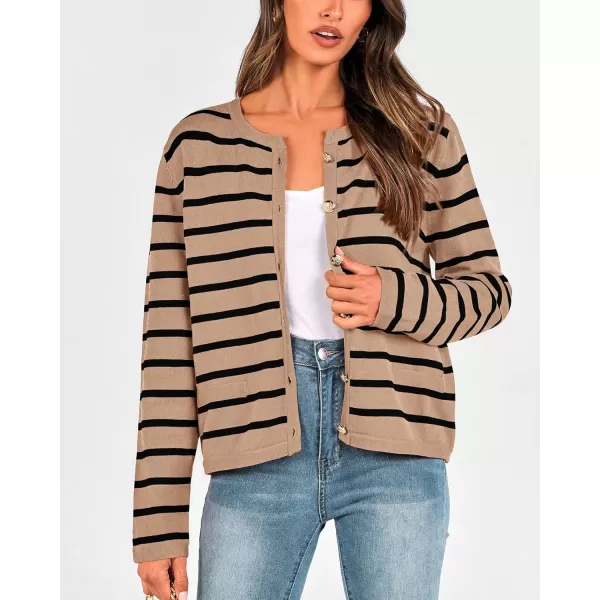BTFBM Womens Cardigans Sweater 2024 Fall Striped Long Sleeve Button Down Crop Open Front Knit Outerwear Deco PocketsStriped Camel Black
