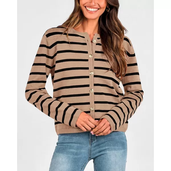 BTFBM Womens Cardigans Sweater 2024 Fall Striped Long Sleeve Button Down Crop Open Front Knit Outerwear Deco PocketsStriped Camel Black