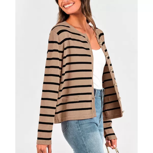 BTFBM Womens Cardigans Sweater 2024 Fall Striped Long Sleeve Button Down Crop Open Front Knit Outerwear Deco PocketsStriped Camel Black