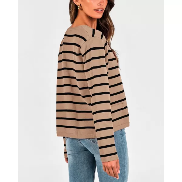 BTFBM Womens Cardigans Sweater 2024 Fall Striped Long Sleeve Button Down Crop Open Front Knit Outerwear Deco PocketsStriped Camel Black