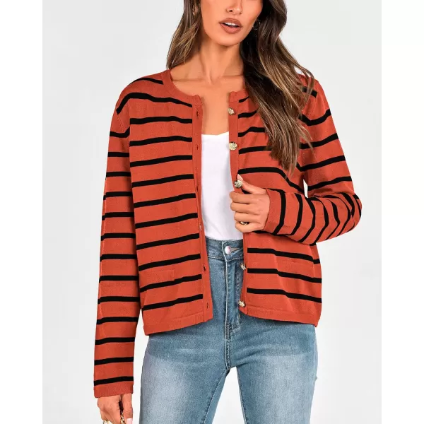 BTFBM Womens Cardigans Sweater 2024 Fall Striped Long Sleeve Button Down Crop Open Front Knit Outerwear Deco PocketsStriped Rust Red Black