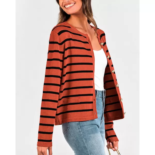 BTFBM Womens Cardigans Sweater 2024 Fall Striped Long Sleeve Button Down Crop Open Front Knit Outerwear Deco PocketsStriped Rust Red Black