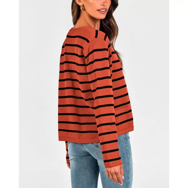BTFBM Womens Cardigans Sweater 2024 Fall Striped Long Sleeve Button Down Crop Open Front Knit Outerwear Deco PocketsStriped Rust Red Black